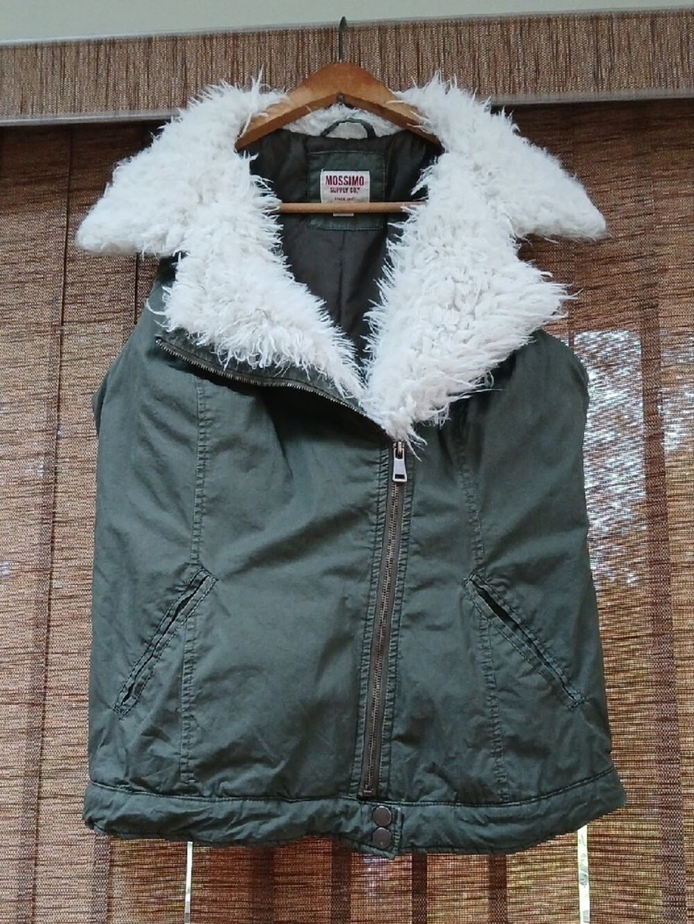 Y2K Mossimo Green Utility Puffer Vest Faux Fur Collar Size L